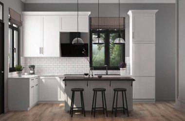 Dining room design with front view white classic kitchen and island with chairs. High quality 3d render illustration light apartment. 