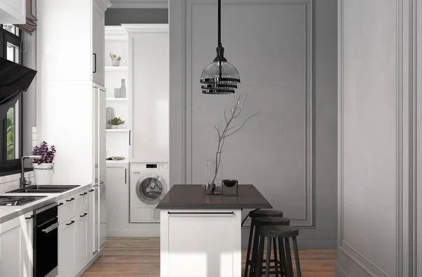 Dining Room Design View White Classic Kitchen Gray Frame Wall — 图库照片