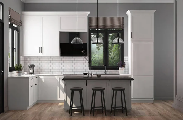 Dining Room Design Front View White Classic Kitchen Island Chairs — Stockfoto