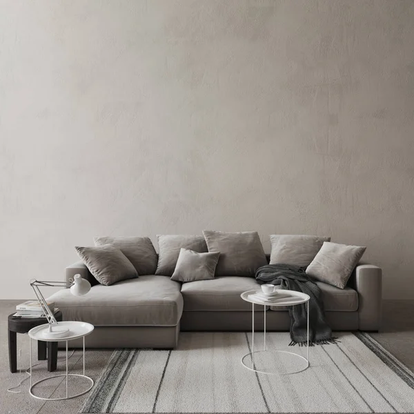 Modern minimalism living room interior. High quality illustration home interior. Gray empty wall mock up. 3d render illustration.