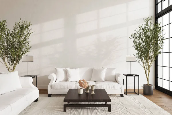Hampton style living room. Home interior design 3d render illustration in pastel colors. Frame wall mockup.