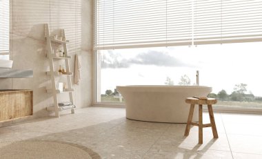 Stylish bathroom interior with ladder, bath and stool. Design idea. High quality 3d render illustration. Light room in pastel color.