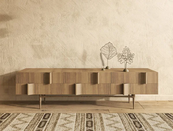 Simple minimal Nomadic style interior design. 3d render living room in neutral color. High quality 3d illustration. Mockup empty wall.