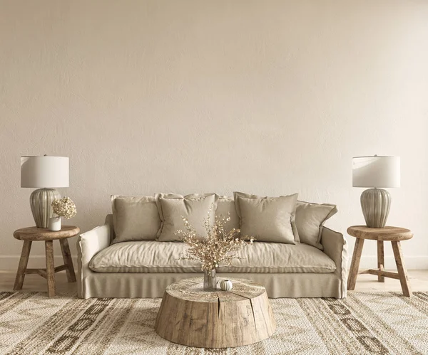 Living room scandinavian boho style. Mock up poster frame in modern interior background. 3d render illustration. High quality image in beige color.