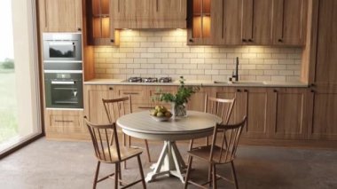 Vintage brown kitchen. Dining room with table and chairs in modern nordic style. 3d render illustration. High quality 4k footage video top.
