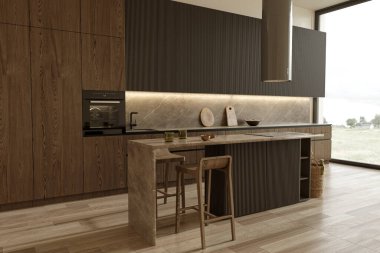 Luxury apartment with contemporary kitchen loft style in dark colors. Stylish modern room area with large window. High quality 3d render illustration.