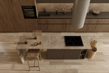 Modern brown wooden kitchen interior, dining area. Furnished by table and chairs for eating. Parquet floor. High quality 3d rendering illustration, top view.