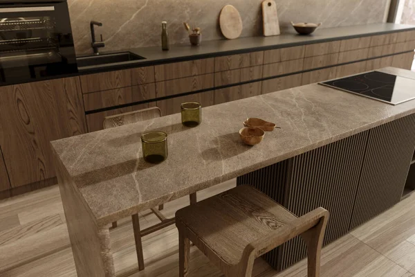Japandi Modern Scandinavian Style Apartment Interior Kitchen Wooden Cabinet Marble — 图库照片