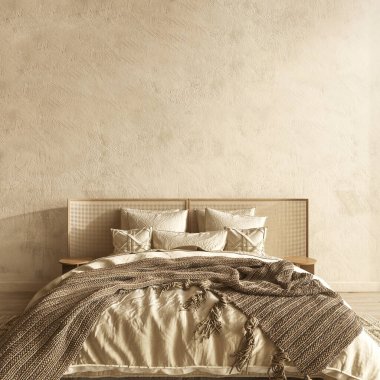 Bedroom interior background with furniture and empty frames. Home mockup. Coastal style. High quality 3d render illustration.