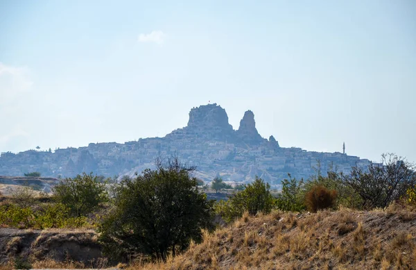 Silhuett Naturliga Klippslott Den Antika Staden Uchisar Högsta Punkten Kappadokien — Stockfoto