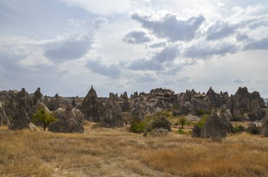 Goreme, Kapadokya, Türkiye 'deki' Peri Baca 'kaya oluşumlarının yer aldığı tuhaf bir vadideki volkanik manzaranın görüntüsü 
