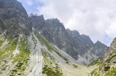 Görüntü, kuzey Slovakya 'daki High Tatra dağlarının çam ve kireçtaşı kayalarıyla tepelerini ve yamaçlarını gösteriyor.