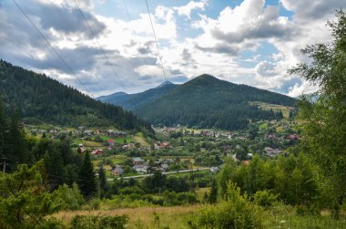 Köyü, ormanı ve Ukrayna 'daki Karpat dağlarıyla çevrili yeşil çayırlar. Güzel doğa manzarasının manzarası