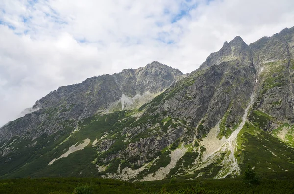 Dağ manzarası. Alçak bulutlarda yüksek dağlar. Yüksek Tatras dağlarının doğası. Slovakya, Avrupa.
