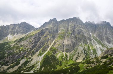 Dağ manzarası. Alçak bulutlarda yüksek dağlar. Yüksek Tatras dağlarının doğası. Slovakya, Avrupa.