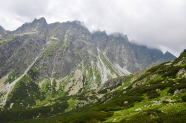 Dağ manzarası. Alçak bulutlarda yüksek dağlar. Yüksek Tatras dağlarının doğası. Slovakya, Avrupa.