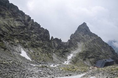  Dağ sığınağı Chata kapsülü Rysmi 2250 metre yükseklikte, Tatras Dağları 'nın Slovakya tarafında Rysy' nin zirvesinin altında.