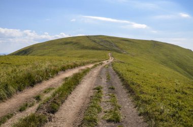 Güneşli bir yaz gününde Borzhava sırtındaki yeşil tepeler boyunca dağlık yürüyüş patikaları yokuş yukarı döner. Karpat Dağları, Ukrayna