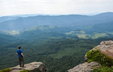 Yürüyüşçü bir uçurumun kenarında duruyor ve yeşil bir dağ vadisinin güzel manzarasının tadını çıkarıyor. Özgürlük ve seyahat kavramı. Karpatlar, Ukrayna
