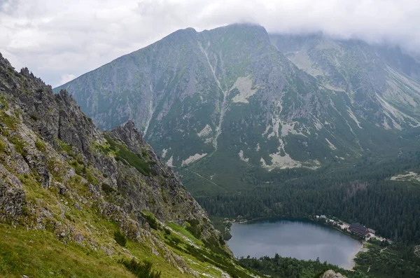 Jezioro Popradzkie Popradske Pleso Jezioro Górskie Tatrach Wysokich Słowacji Niesamowity — Zdjęcie stockowe