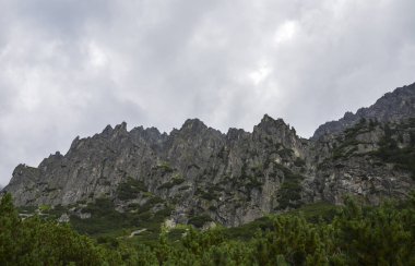 Slovakya 'nın High Tatras kentindeki bulutlarla kaplı keskin kayalık dağların manzarası 