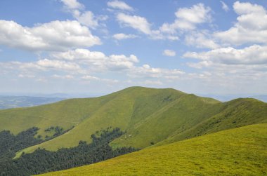 Borzhava dağ sırtı üzerinde yeşil yamaçlı, tüylü bulutlu mavi gökyüzü. Karpatlar 'ın muhteşem doğası