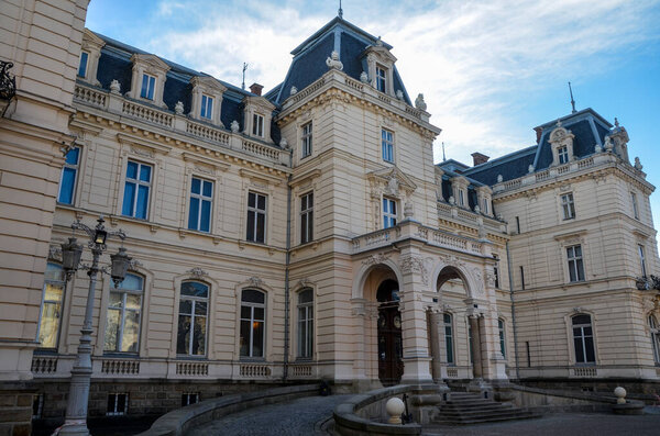 LVIV, UKRAINE - DECEMBER, 19 2020: Beautiful historical Potocki Palace Currently - Lviv National Art Gallery, Ukraine