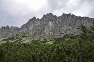 Slovakya 'nın High Tatras kentindeki bulutlarla kaplı keskin kayalık dağların manzarası 