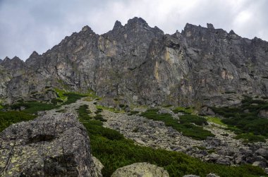 Slovakya 'daki Ulusal Park Yüksek Tatras Dağları' nda bulutlu gökyüzü altında yüksek taş gibi kayalık tepeleri olan manzara. Yürüyüş ve turizm için turizm beldesi