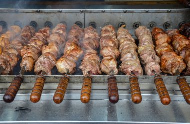 Izgarada kömür pişiriyorum. Taze taze ızgara domuz eti ve şiş.