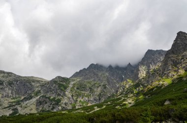 Slovakya 'daki Ulusal Park Yüksek Tatras Dağları' nda bulutlu gökyüzü altında yüksek taş gibi kayalık tepeleri olan manzara. Yürüyüş ve turizm için turizm beldesi