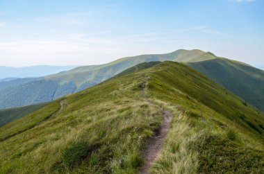 Karpatya yaz manzarası. Mavi gökyüzü arka planına sahip çim tarlaları ve dağ sırtı boyunca yürüyüş yolu. Ukrayna