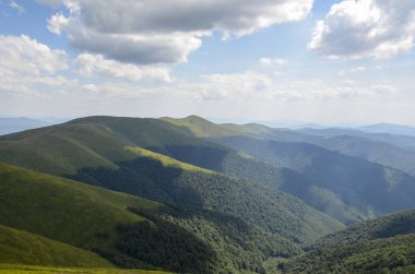 Colorful mountain landscape with hills covered by meadows with green grass and forest under blue sky with clouds. Carpathian mountains, Ukraine
