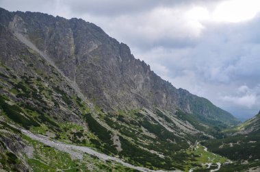 Sisli ve keskin tepeler yukarıdaki sislerin arasından yükseliyor ve Slovakya 'daki High Tatras Ulusal Parkı' nda yağmur bulutları yağıyor.