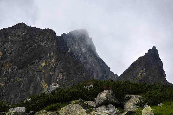 Vue Panoramique Paysage Des Montagnes Brumeuses Rocheuses Contre Ciel Nuageux — Photo