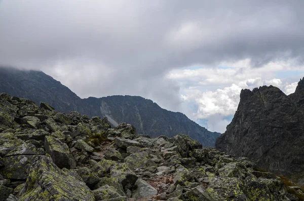 Mgła Deszcz Chmury Nad Wysokimi Szczytami Górskimi Grzbietu Tatrach Wysokich — Zdjęcie stockowe