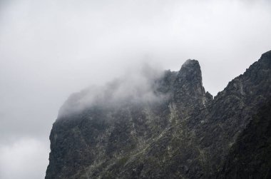 Bulutlu, yağmurlu, kayalık, yüksek Tatra dağlarının sisle kaplı manzarası. Slovakya 'daki doğal manzara