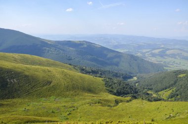Mavi gökyüzünün arka planındaki dağ yamaçlarında yemyeşil çimenli çayırlar. Ukrayna 'nın güzel Karpat Dağları manzarası