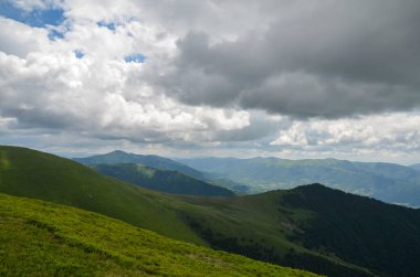 Dağlarla ve tepelerle kaplı gökyüzü bulutlu ormanlar. Karpatlar, Ukrayna