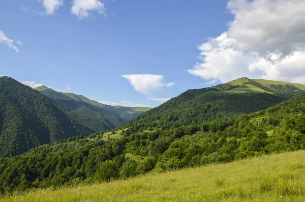 Vackert Landskap Gröna Berg Gräsfält Och Böljande Kullar Med Grumlig — Stockfoto