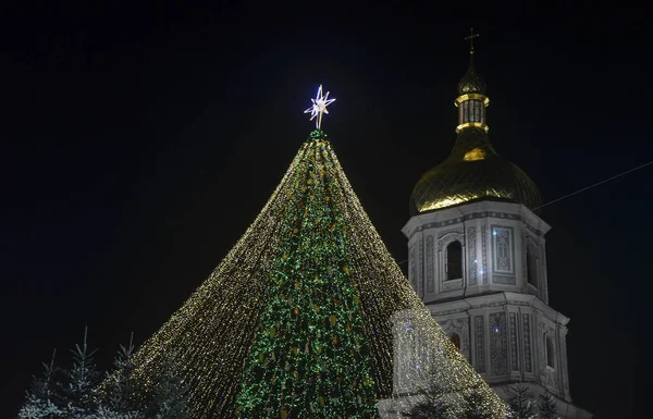 Choinka Ozdobiona Światłami Zewnątrz Katedra Sophia Tle Kijowie Obchody Nowego — Zdjęcie stockowe