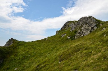 Pikuy tepelerindeki kayalar yemyeşil otlarla kaplı dağların arasında. Yazın bulutlu bir gün. Ukrayna, Karpat Dağları, Lviv Bölgesi