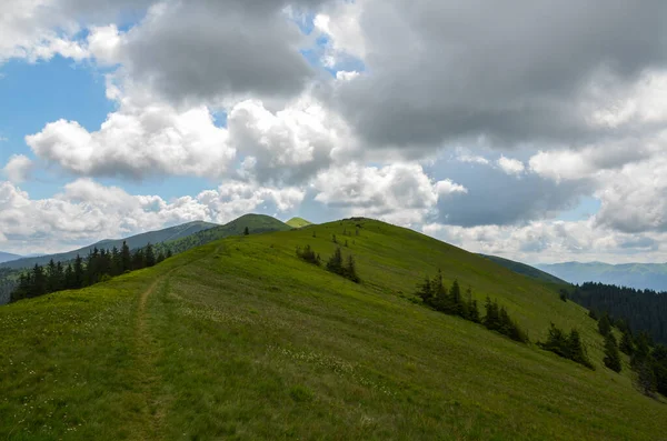 Mountain Ridge Green Grassy Slopes Tops Distance Cloudy Sky Carpathians — Stock Photo, Image