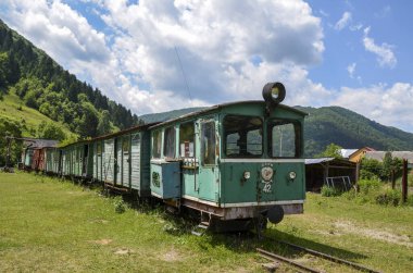 KOLOCHAVA, UKRAINE - JUNE 28, 2021: Old train on Carpathian narrow-gauge in Ethnographic Museum Old Village in Kolochava, Transcarpathia, Western Ukraine