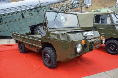 KYIV, UKRAINE - SEPTEMBER 18, 2021: LuAZ-967 1987 release - light all-wheel drive SUV amphibious designed for the Armed Forces, presented at the Old Car Land festival in Kyiv