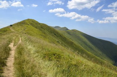 Yaz günü dağın zirvesine giden yeşil dağlar ve turistik dağ yolu. Karpatlar, Ukrayna