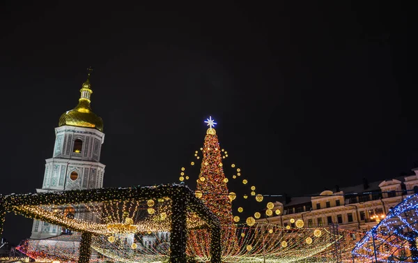 Christmas Tree Lights Sophia Square Winter Night Kyiv Holiday Street — стокове фото