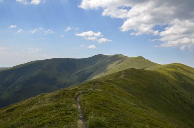 Dağ sıraları boyunca uzanan turistik patika, yaz günü bulutlarla mavi gökyüzünün altında yemyeşil yemyeşil otları kaplıyordu. Karpat Dağları, Ukrayna 