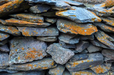 Turuncu ya da yosun kaplı düz gri taşlar yığını. Doğal doku veya arkaplan