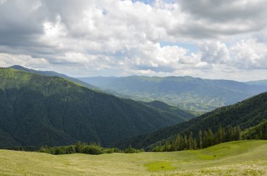 Karpatlar 'daki parlak yaz gününün manzarası, Karpatlar' ın manzarası, mavi gökyüzü, ağaçlar ve yeşil tepeler, güzel manzara, turizm için popüler yer.